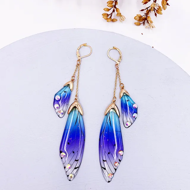 Fairy Resin Butterfly Earrings for Women Shining Crystal Flake Double Wing Long Drop Earrings Ladies Wedding Party Jewelry 2020 Gold-Blue