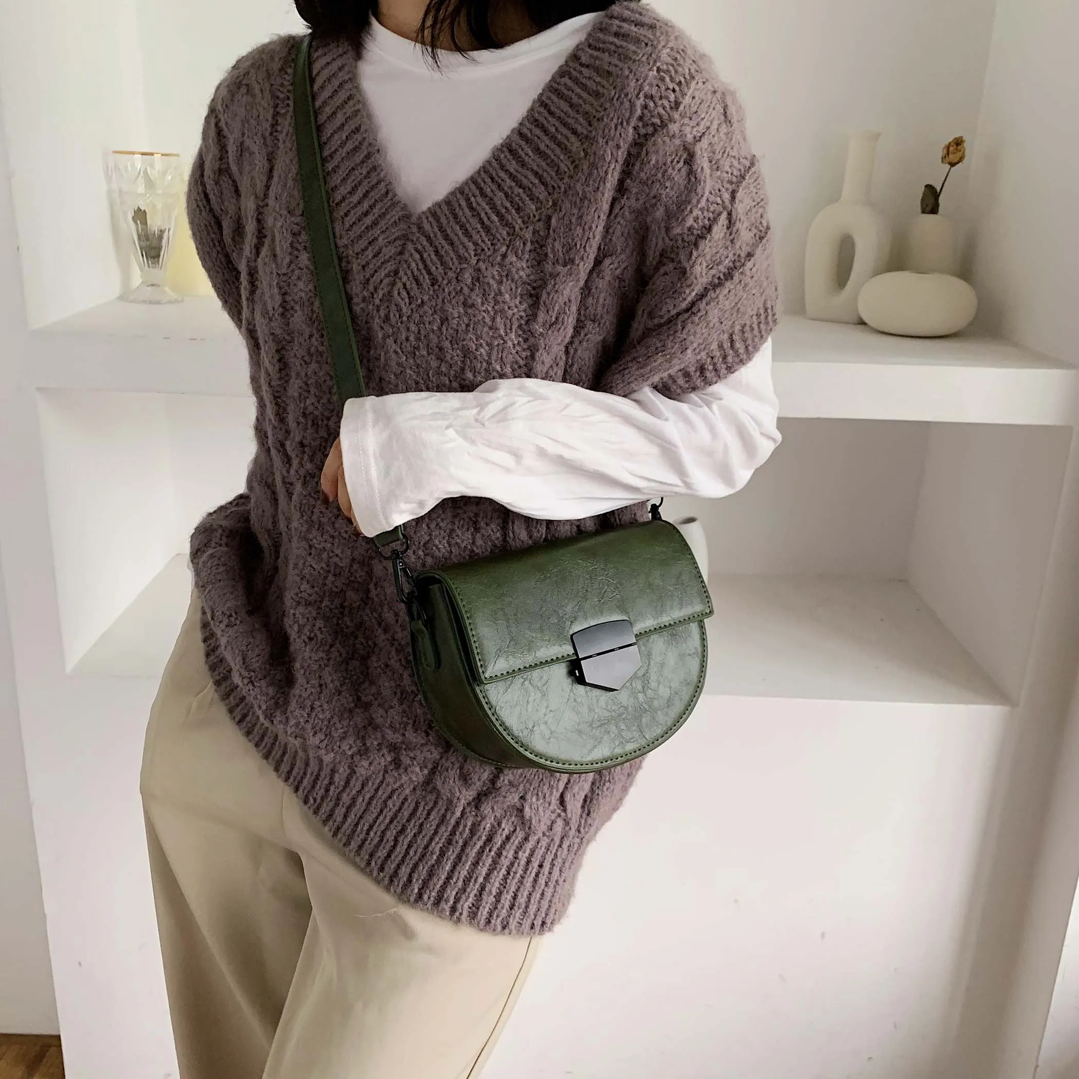 Solid Color PU Leather Saddle Bags For Women Small Crossbody Shoulder Messenger Bag Female Handbags and Purses