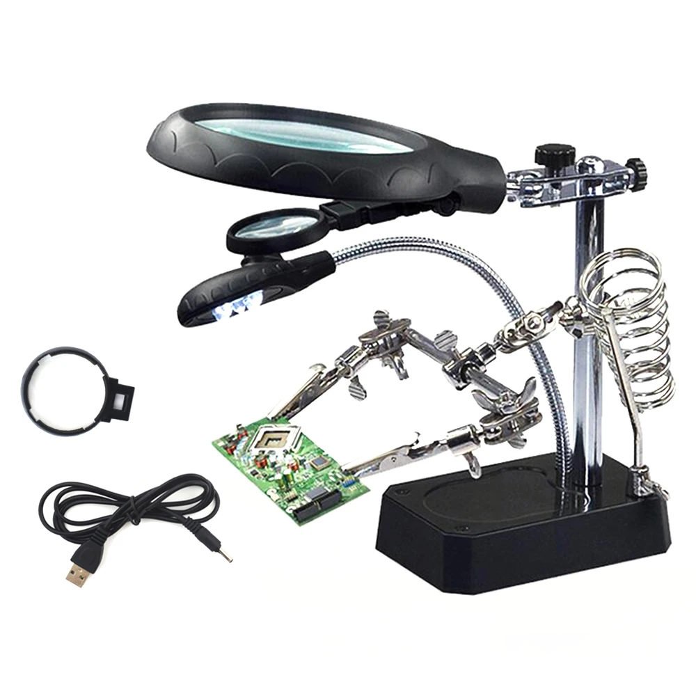 

2.5X 7.5X 10X USB Auxiliary Clip Welding Magnifying Glass 5 LED Hand Soldering Solder Iron Stand Holder Station Magnifier