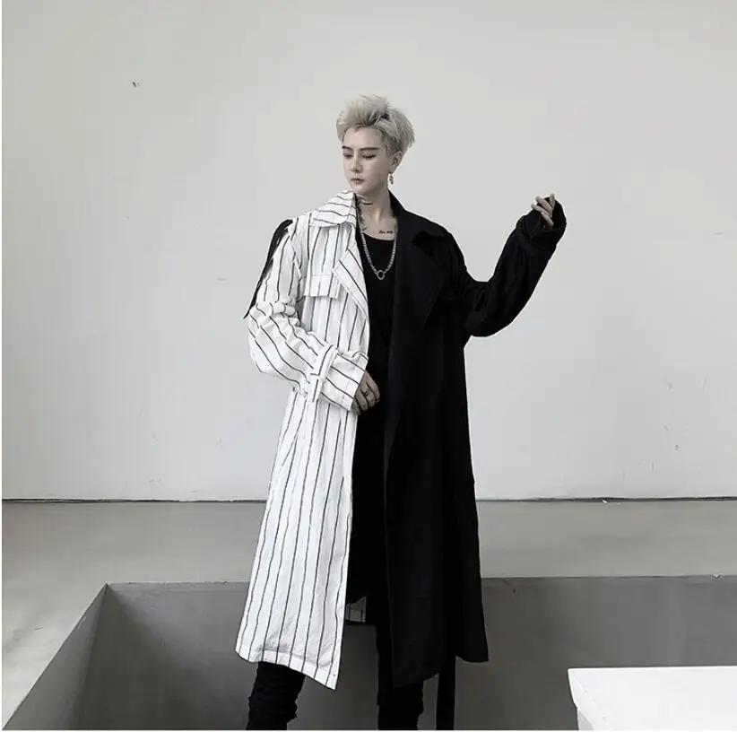 M-XL! Весна qiu загружен Темно-Черный Индивидуальный черно-белый полосатый контрастный цвет Мужская Средняя длина свободная ветровка
