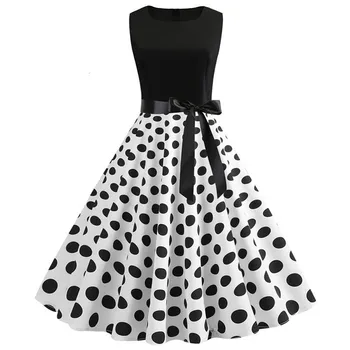

Black White Patchwork Polka Dot Summer Dress Women Vintage 50s 60s Pin Up Rockabilly Dress Plus Size Robe Party Office Dresses