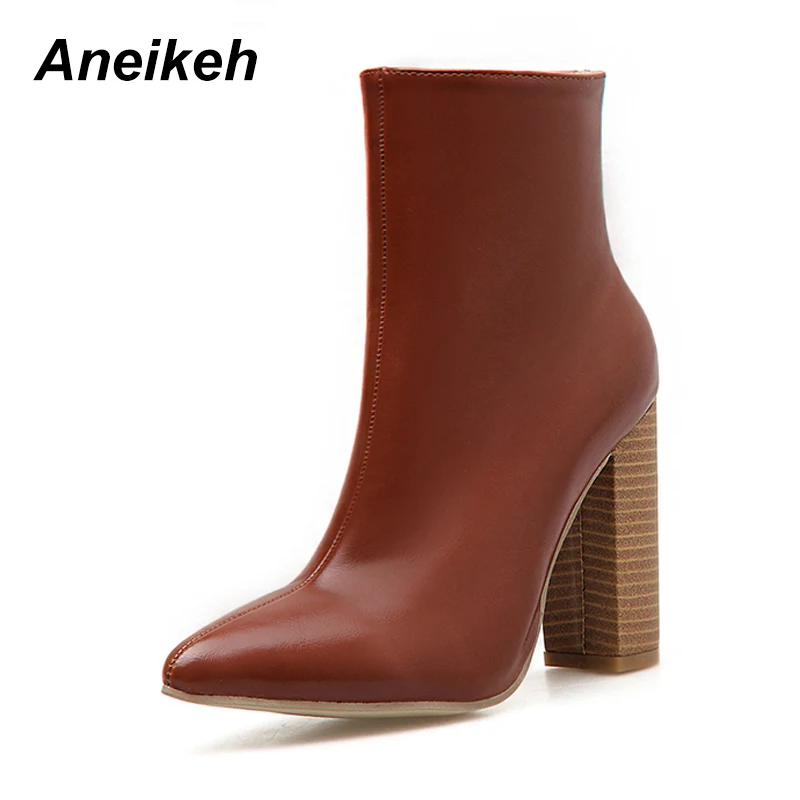 Aneikeh; Новинка года; классические женские ботинки из искусственной кожи; однотонные туфли на молнии с острым носком; свадебные танцевальные ботильоны на высоком квадратном каблуке; коричневый цвет; Размеры 35-42
