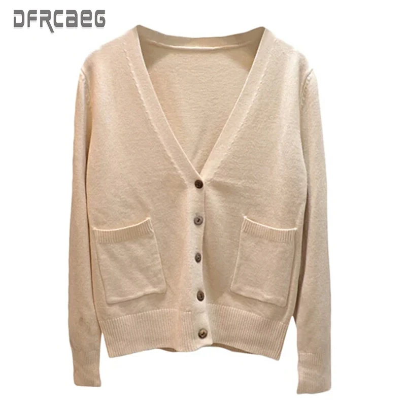 

2019 Autumn Loose Women's Cardigans Knitted Sweater White Single Breasted Female Sweater V-Neck Casual Knitting Sweater Femme
