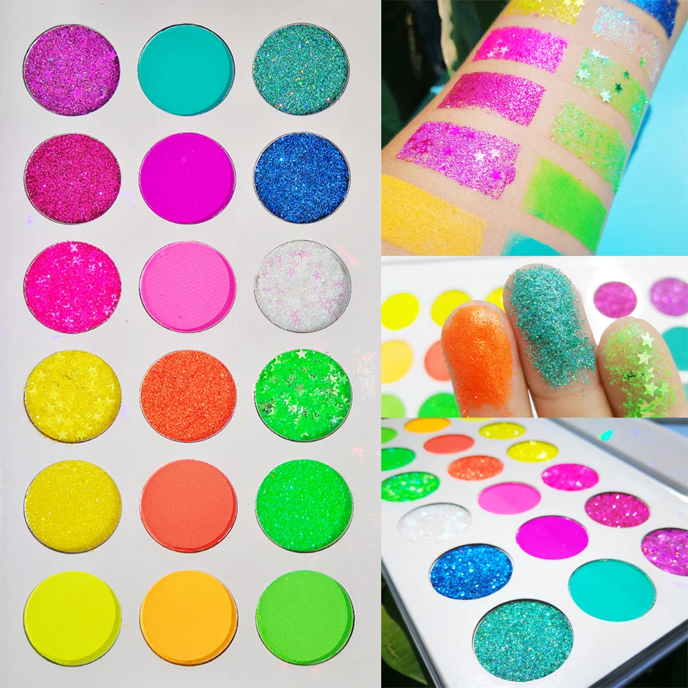 Koop Neon Kleurrijke Oogschaduw Palet Glitter Matte Uv Glow Lichtgevende Gepigmenteerde Heldere Regenboog Oogschaduw Palette Make Up Kit