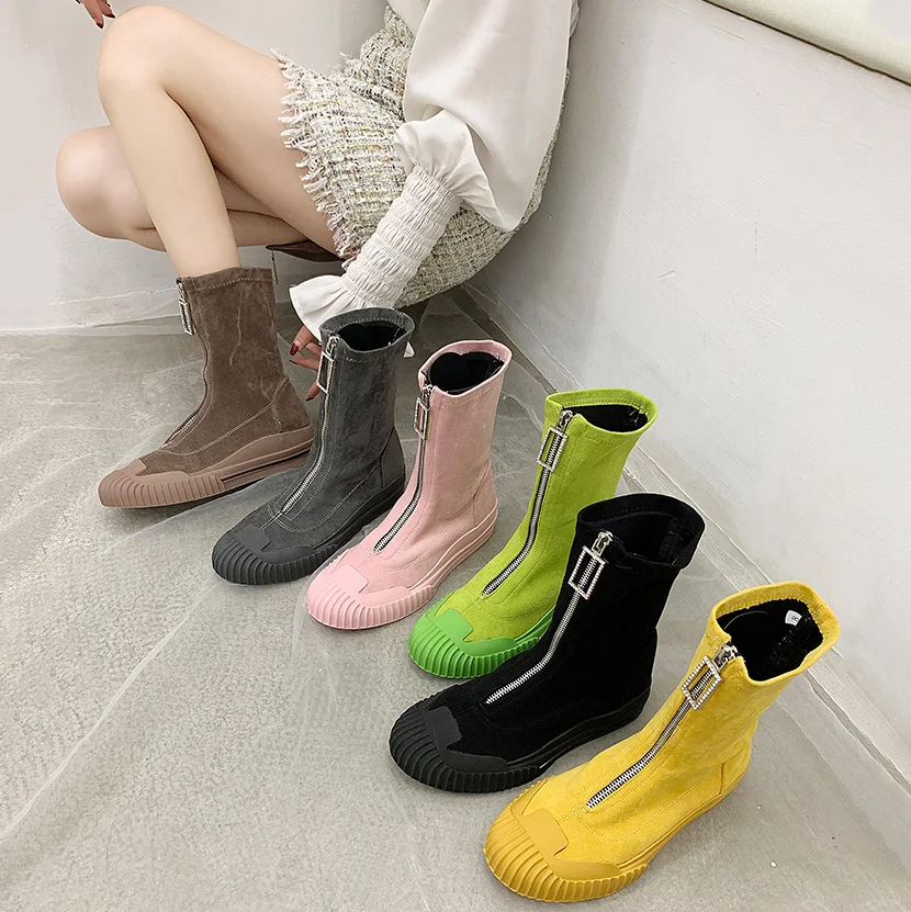 2019 Women Autumn Ankle Short Boots Cow Suede Motorcycle Female Rhinestone Zipper Fashion Martin Candy Colors Booties | Обувь