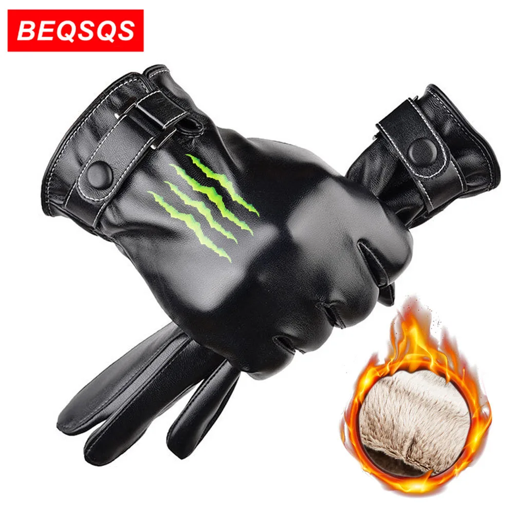 

BEQSQS 1Pair Men Gifts Winter Autumn PU Leather Thicken Warm Glove Fashion Gloves Mittens for Outdoor Motorcycle Cycling Riding