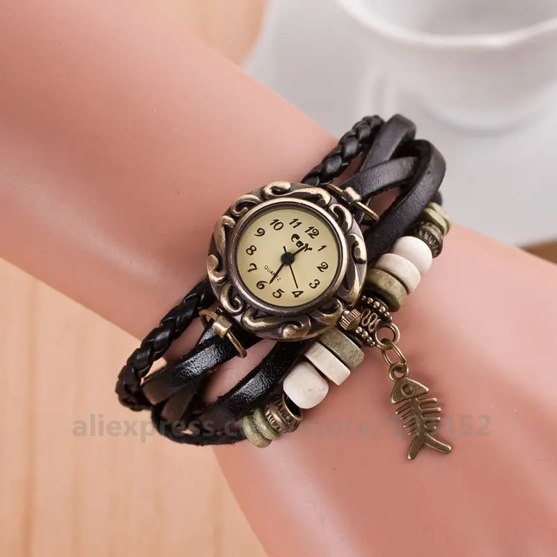 100pcs/lot Fish Skeleton Watch Vintage Unique Pendant Watch Ladies Bracelet Watch PU Leather Quartz Watch