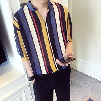 

Summer Striped Pullover Shirts Men V-neck Half Sleeve Loose Hawaiian Shirt Casual Streetwear Tops Camisa Social Masculina 2020