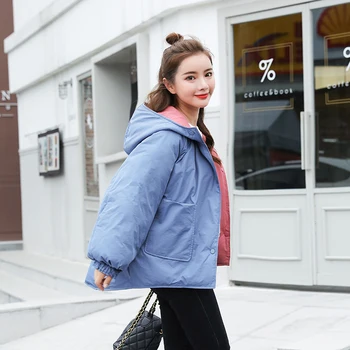 

2020 Winter Loose Jacket Hooded Cotton Padded Both Sides Can Be Wear Korean Style Parkas Thick Solid Outwear Invierno Mujer