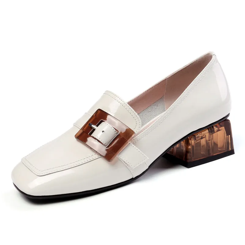 

2020 Quality Genuine Leather Square Toe Women Pumps Spring Summer Casual Shoes Woman Shallow Buckle High Heels