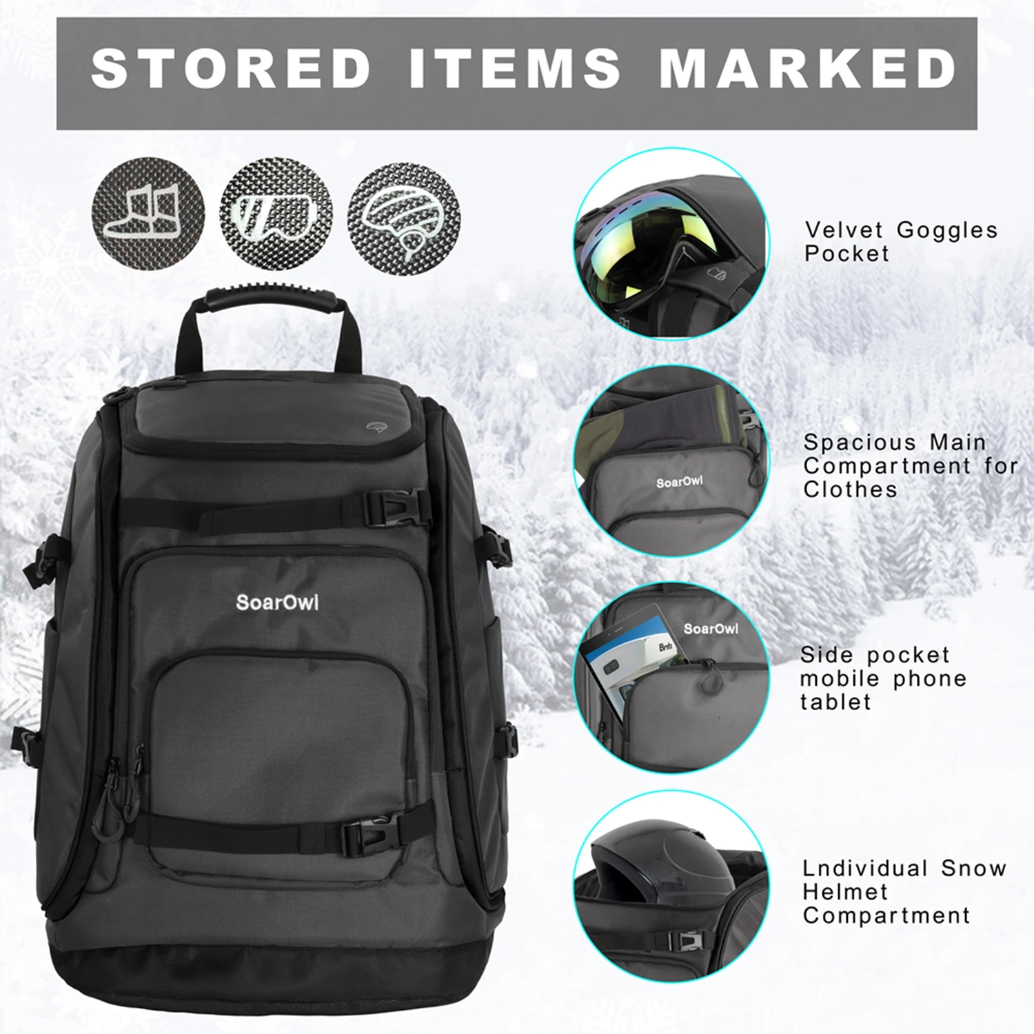 SoarOwl 65L Ski Bag Large Capacity Backpack Storage Boots Helmet Clothing Can Placed Skis Backpack Adjustable Waterproof Bag ski bags