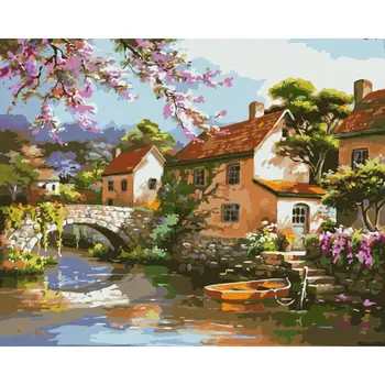 

Painting By Numbers DIY Small bridge Scenery color acrylic color DIY rural small bridge water family Decoration Art picture Gift