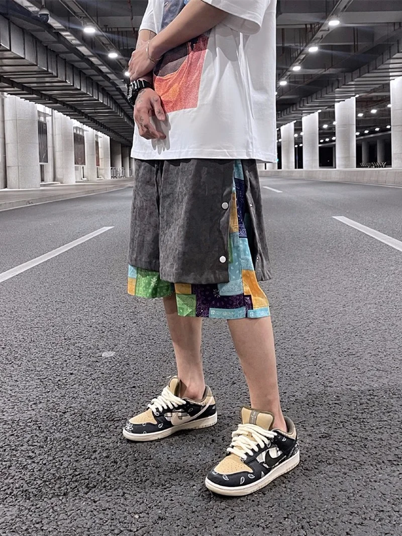 Men Side Buttons Patchwork Harajuku Straight Shorts New Elastic Waist Short Pants Joggers Hip Hop Streetwear Casual Sweatshorts
