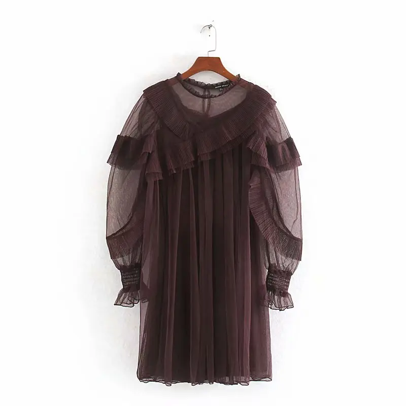 

2020 women elegant pleated ruffles patchwork casual mesh dress female knitting lining straight vestidos chic mini dresses DS3140