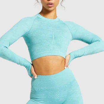 

Gym Womens Fitness Long Sleeve Camo Seamless Crop Top With Thumb Holes Running Sport Yoga T Shirt Workout Tops For Women Shark