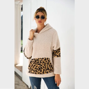 

Autumn 2019 Leopard Print Pocket Plush Hooded Fur Clothing Women Sweatshirt Khaki Black Apricot Pullovers
