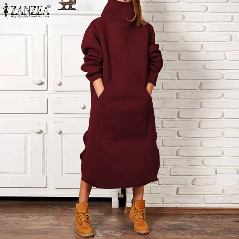 ZANZEA, женское платье с высоким воротом размера плюс, женские зимние платья с длинным рукавом до середины икры, Повседневный пуловер, Vestidos, платья с боковыми карманами