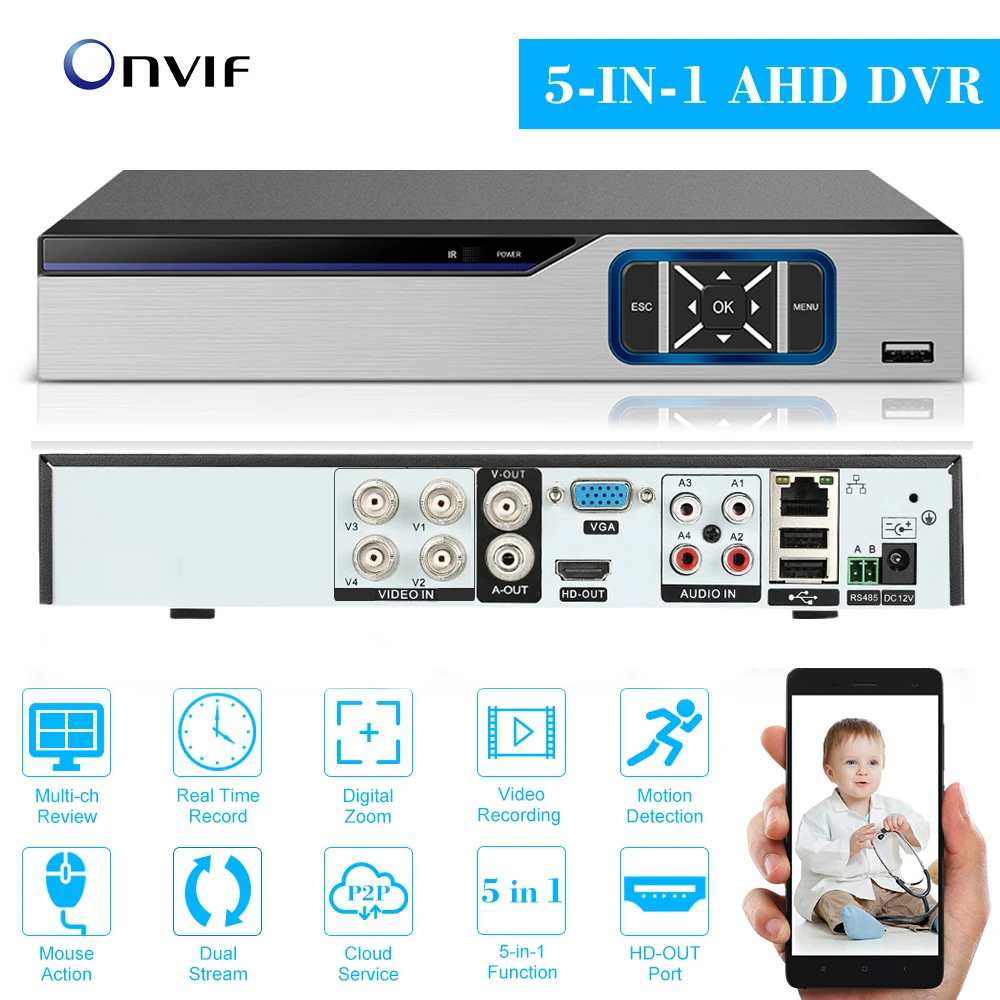 4CH 1080P высокой четкости Гибридный AHD/ONVIF IP/аналоговый/TVI/CVI/ DVR CCTV P2P удаленный