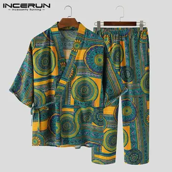 

Vintage Printed Suits Men Ethnic Floral Streetwear Sets Leisure Half Sleeve Kimono Blouse Elastic Pants 2 Pieces S-5XL INCERUN