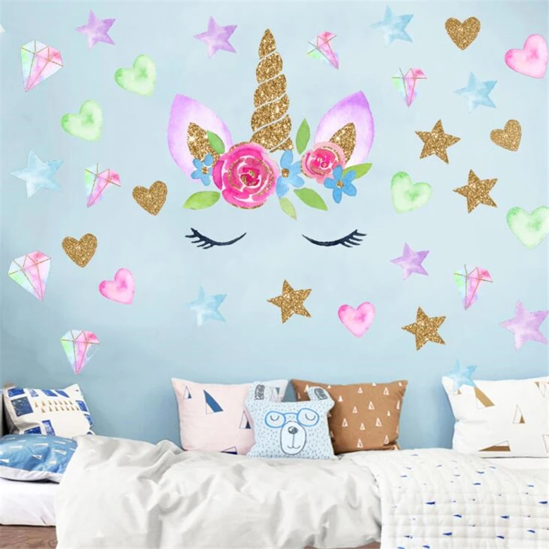 Cute pink Golden dot unicorn wall sticker living room bedroom wall decoration wall stickers for kids rooms