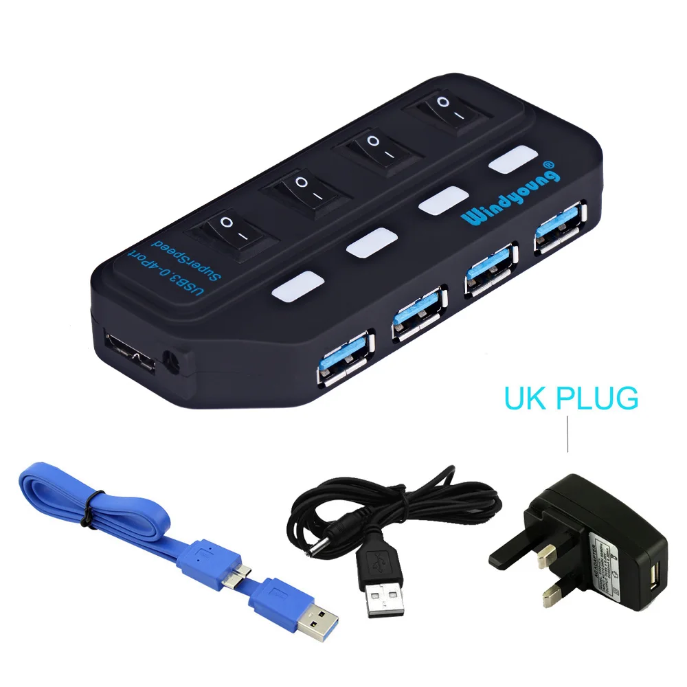 4 port with UK Plug USB 3,0 хаб многопортовый usb-адаптер 4/7 порт расширитель Высокоскоростной USB 3,0 хаб с адаптером питания USB 3,0 концентратор с переключателем для портативных ПК - Цвет: 4 port with UK Plug