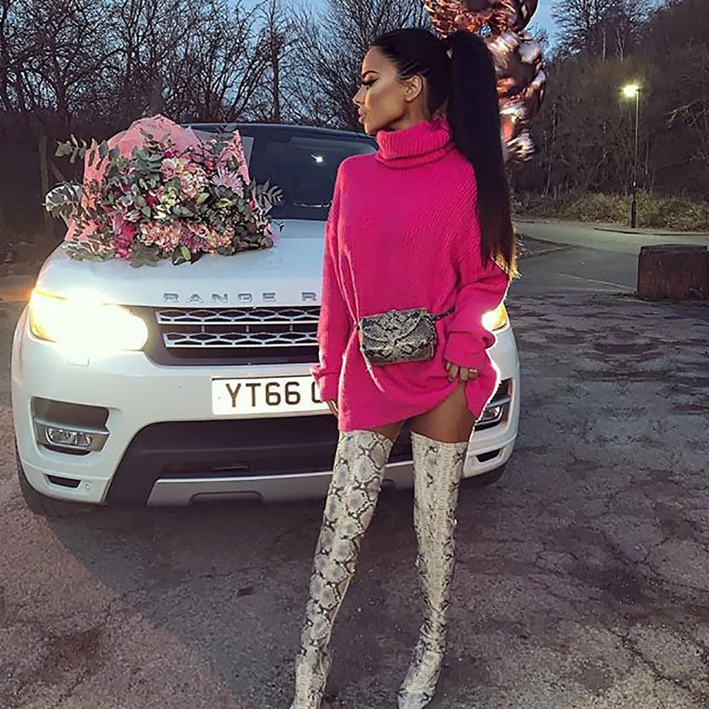 Fashion Turtleneck Oversized Sweater Winter Clothes Women Neon Green Pink Orange Pullover Ladies Knit Tops