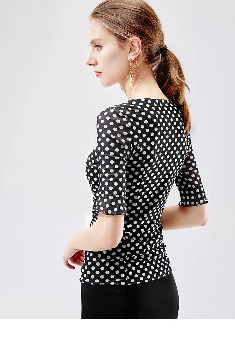 Women Latin Dance Tops Sexy Polka Dot Mesh Trumpet Sleeved Ballroom Dancing Practice Wear Cha Cha Samba Stage Outfit DWY2090