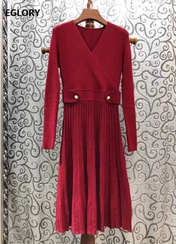 

High Quality Wool Knitted Dress 2020 Spring Autumn Women Beading Button Deco Long Sleeve Wine Red Dark Blue Sweater Dress Jumper