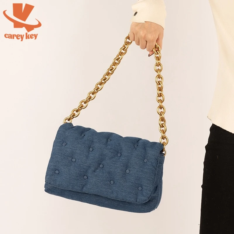 

CAREY KAY Large Capacity Blue Denim Material Shoulder Bag Bags For Women 2021 Golden Chain Design Messenger Bag Handbag Sac