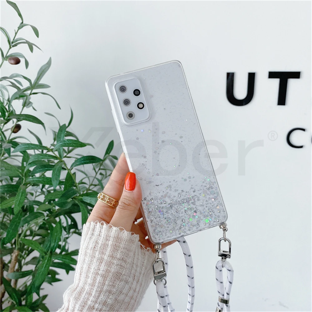 Crossbody Lanyard Strap Glitter Cell Phone Case with Silicone Cover