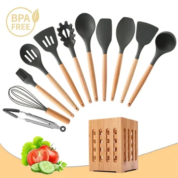 

8-12Pcs Kitchen Set Silicone Cooking Utensils Non-stick Spatula Wooden Handle with Wooden Storage Box Cooking Tools Kitchenware