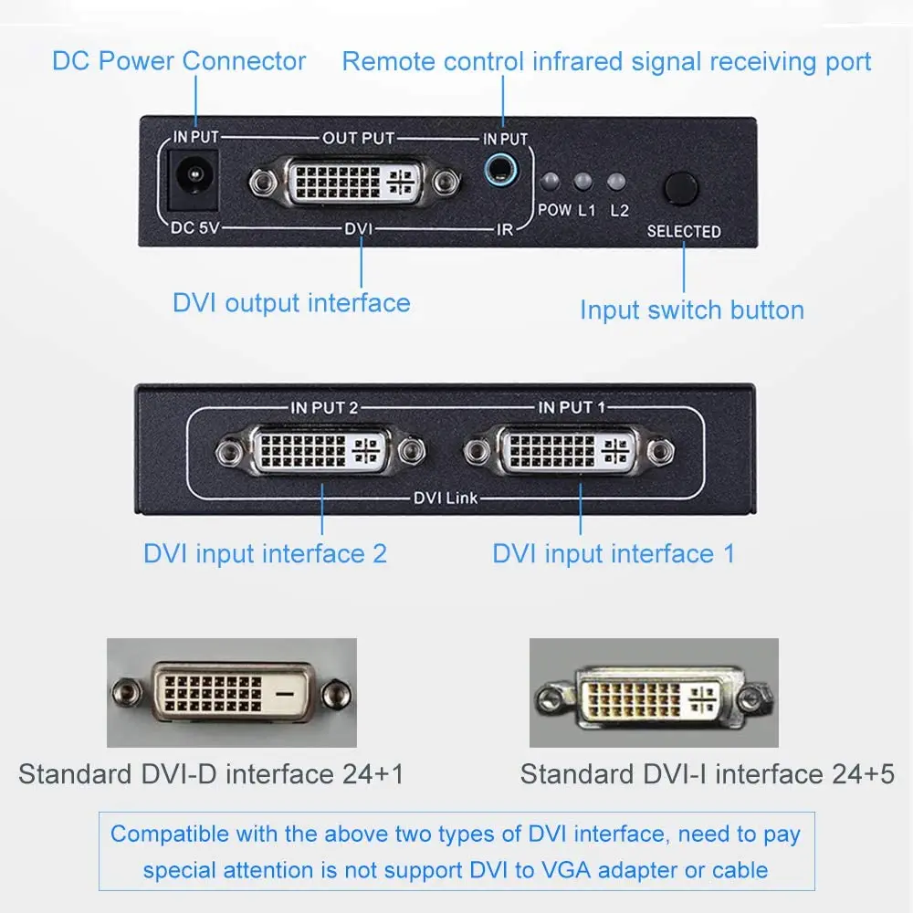 Interruptor Dvi em com Suporte 4k 30hz Entradas e Saída com Controle Remoto ir Interruptor Dvi Seletor para pc e Laptop - Imagem 6