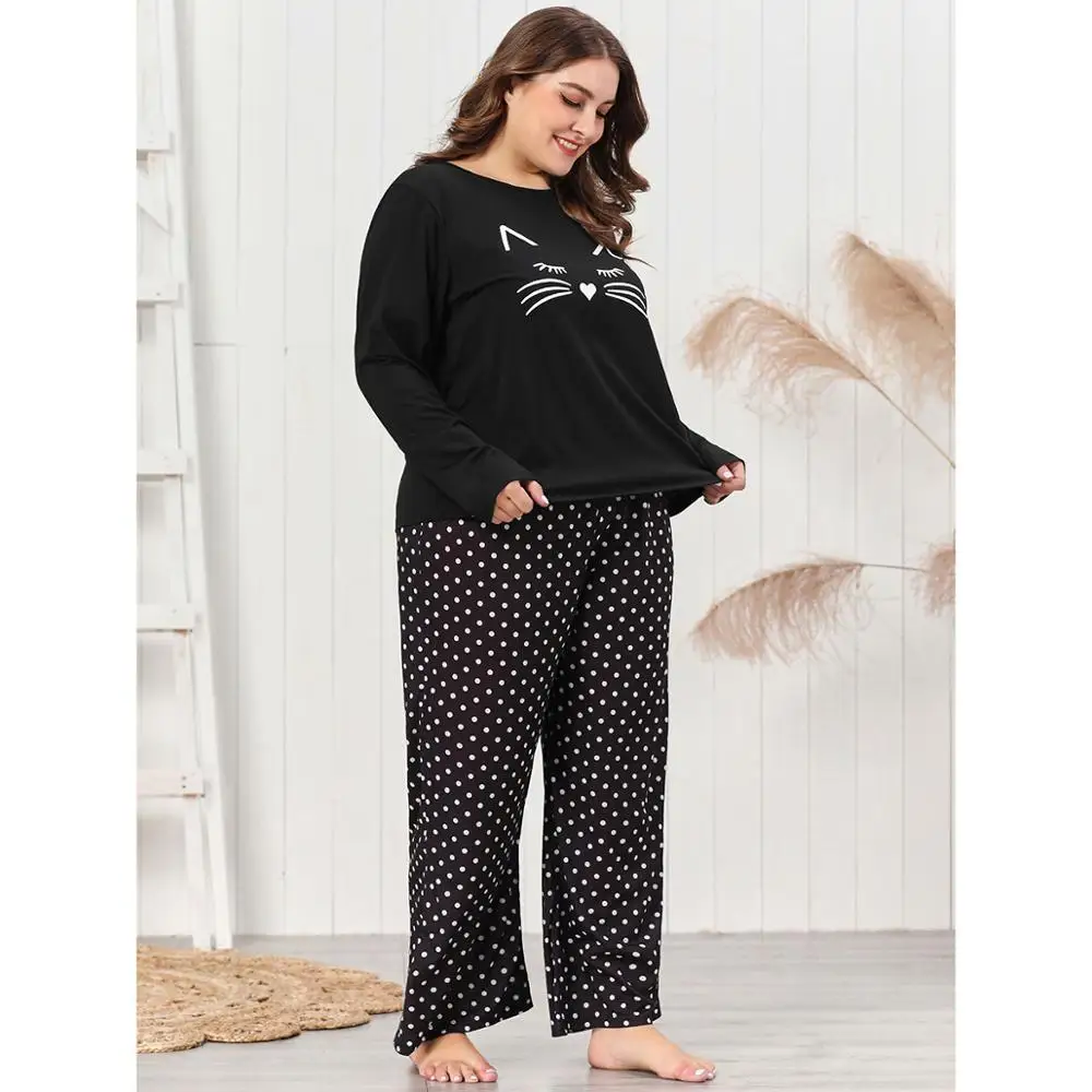 

cat printed Tshirt top and dot Pants two pieces Set plus size Spring Sleepwear autumn Nightwear Loungewear Pajama Sets VKSL1047