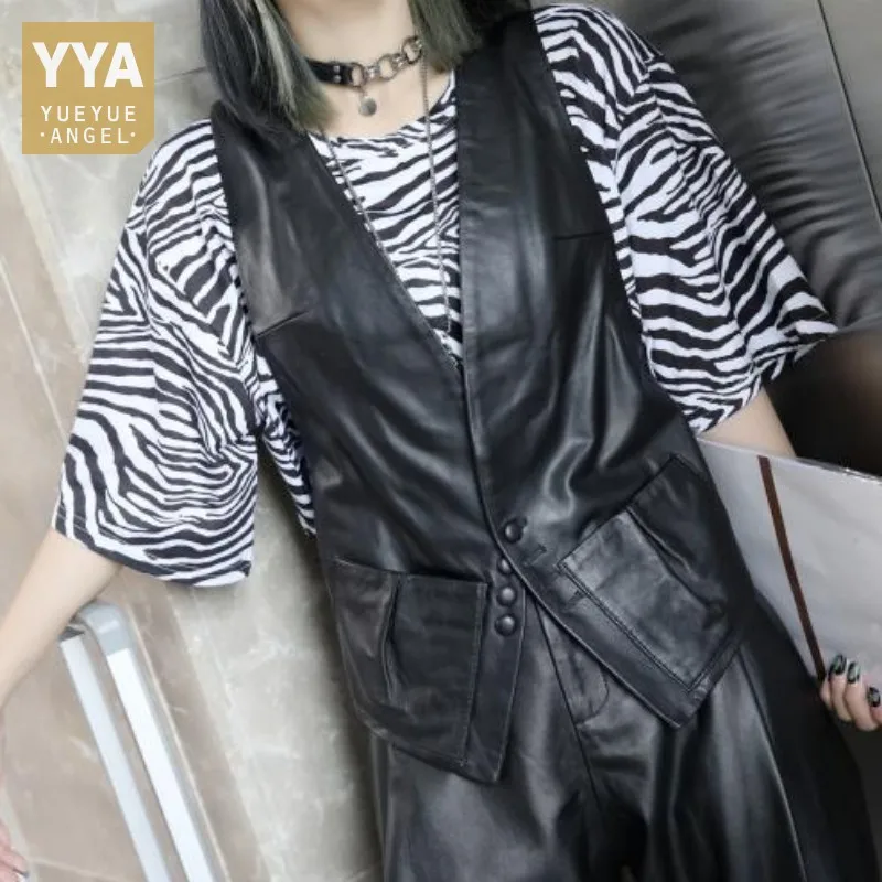 

Spring Genuine Leather Sleeveless Waistcoat Women V Neck Single Breasted Casual Vests Streetwear Female Black Tank Vest Jacket