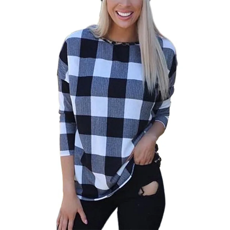 Новинка футболка с леопардом в клетку для женщин длинный рукав круглый вырез