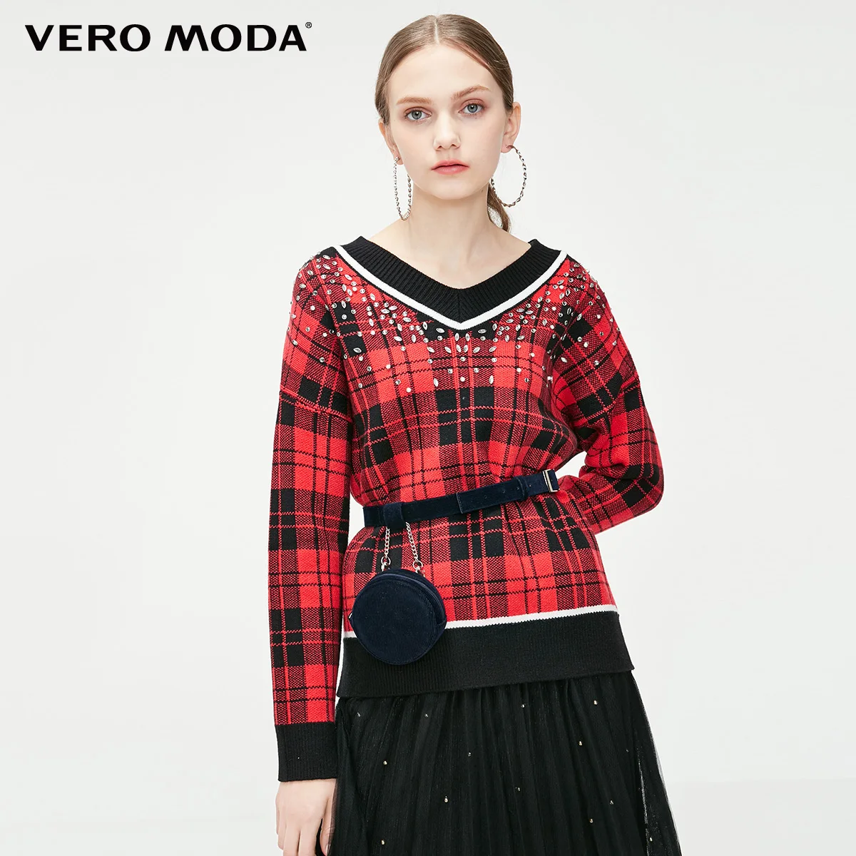 Vero Moda женский свободный крой плед декоративные стразы свитер трикотажные топы | 319113540