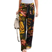 

80% Dropshipping!!Women Pants Floral Print Drawstring Trousers Mid Waist Straight Leg Loose Pants for Sports