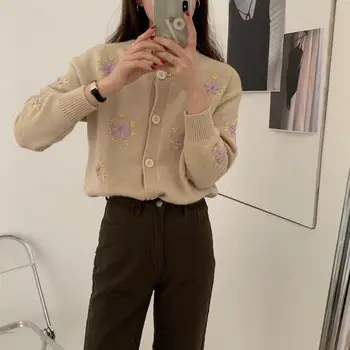 

COIGARSAM Office Lady Shirt Womens tops New Winter Full Sleeve Floral Knitting Embroidery Loose Women shirts Black Apricot 6923