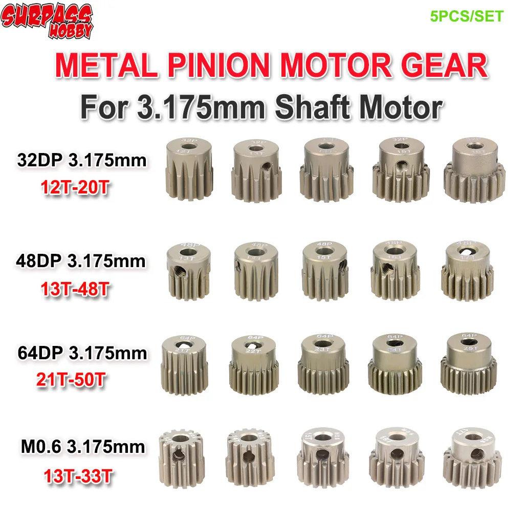 

SURPASS HOBBY 5 шт. 32DP 48DP 64DP M0.6 3,175 мм комплект металлических алюминиевых шестерен мотора 12T-50T для 1/10 радиоуправляемого автомобиля грузовика багги АВТОМОБИЛЯ