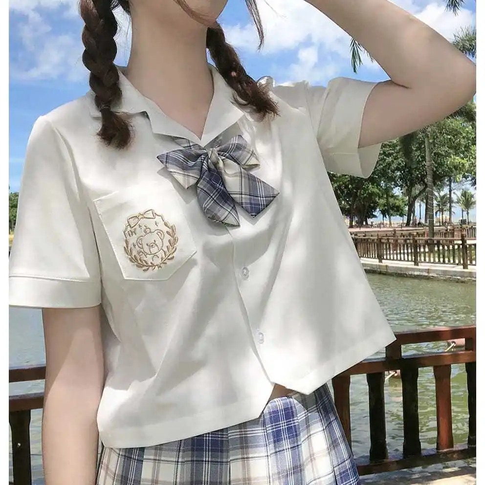 

Summer White Shirt Women Blouse Bow Tie Short Sleeve Embroidery Tops Jk Korean Solid Lapel Kawaii Lolita Japanese Uniform Preppy