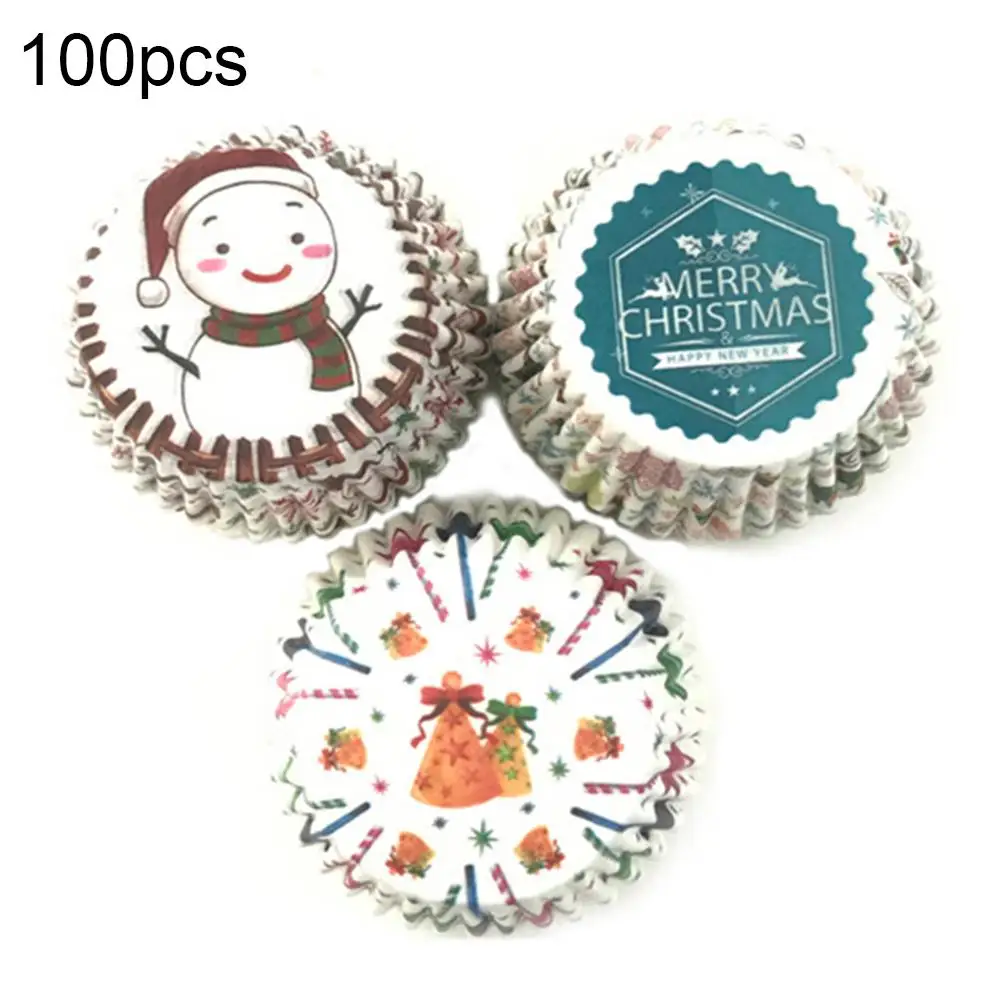 

100Pcs Christmas Cap Snowman Print Cupcake Liners Wrapper Cake Baking Cup Tray Oil Proof Party Deco Cap Snowman Print Baking Cup