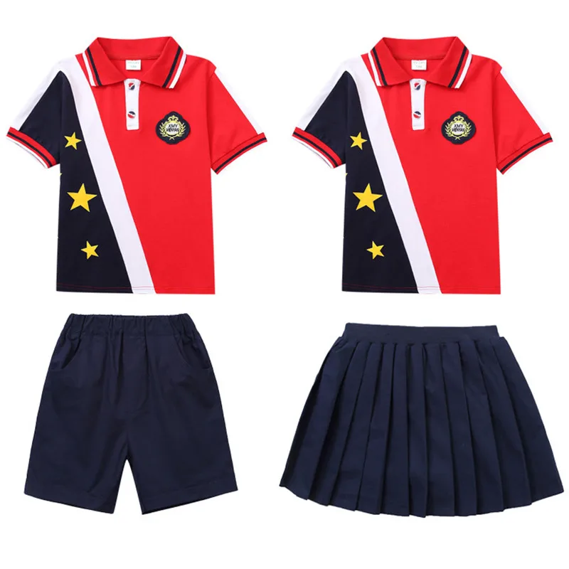 

British Red Polo Shirt Navy Blue Skirt Shorts Summer Student Outfits Kindergarten Clothes Kids Boy Girl Primary School Uniforms
