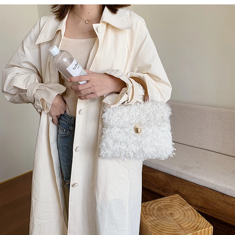 Элегантная женская сумка-тоут с деревянной ручкой модные зимние плюшевые сумки женские одноцветные сумки через плечо женские сумки с клапаном Новые