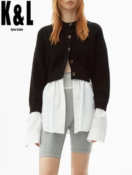 

K&L 2020 early autumn new fake two-piece long-sleeved shirt stitching sweater women's round neck contrast color knitted cardigan