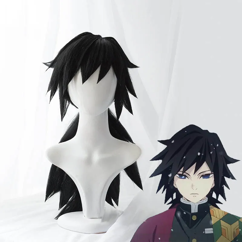

Demon Slayer Kimetsu no Yaiba Tomioka Giyuu Cosplay Wig Black Long Ponytail Heat Resistant Synthetic Hair Wigs + Wig Cap