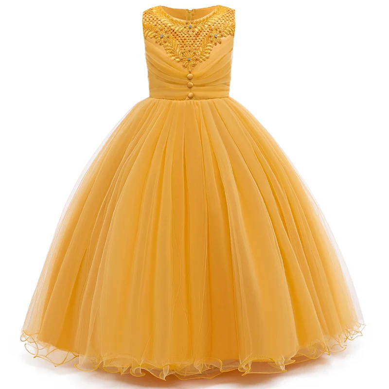 Детское длинное платье подружки невесты с цветами и бусинами для свадебной вечеринки нарядное платье принцессы для девочек на день рождения, бальное платье для причастия, vestido - Цвет: yellow