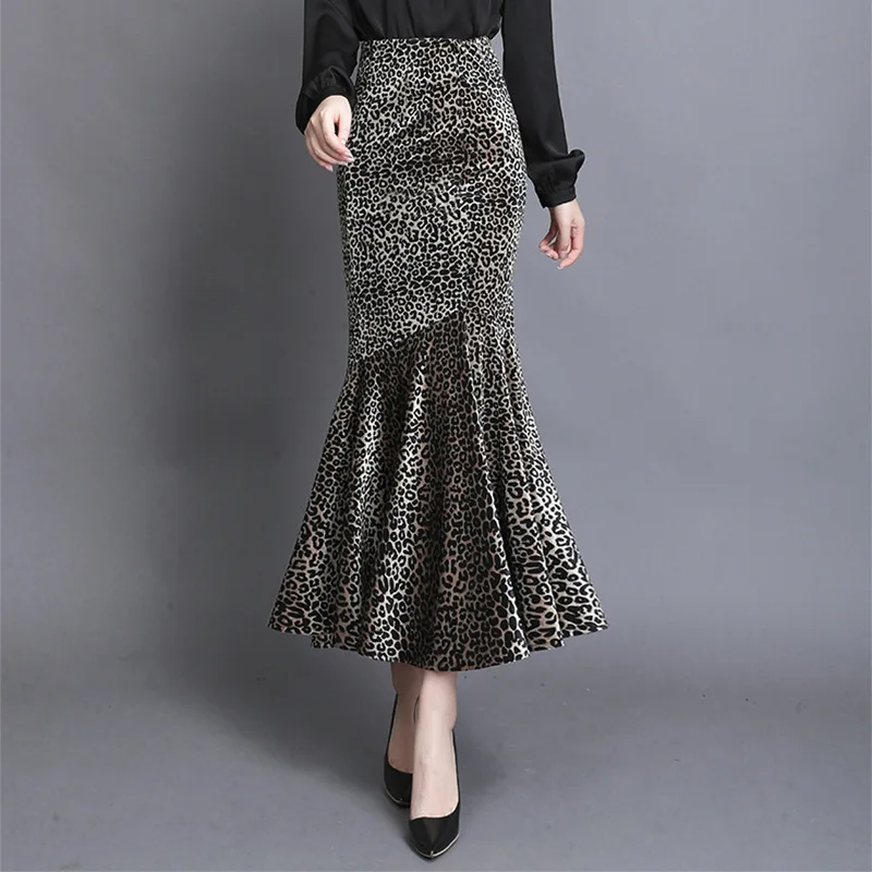Для женщин бархатные леопардовые юбка с принтом осень-зима Высокая Талия офисная юбка-годе «русалка» женские ботильоны Длина длинная юбка-годе