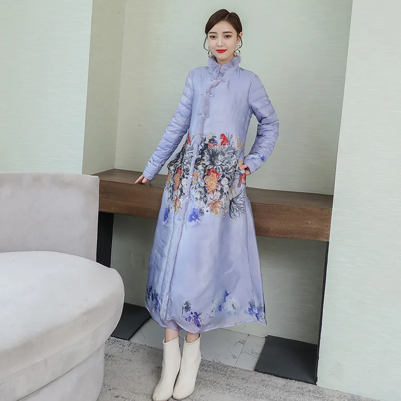 

2019 New Style Ethnic-Style Rabbit Fur Collar down Jacket Women's Printed Real Silk 90 White Duck down Feather Coat Fashion