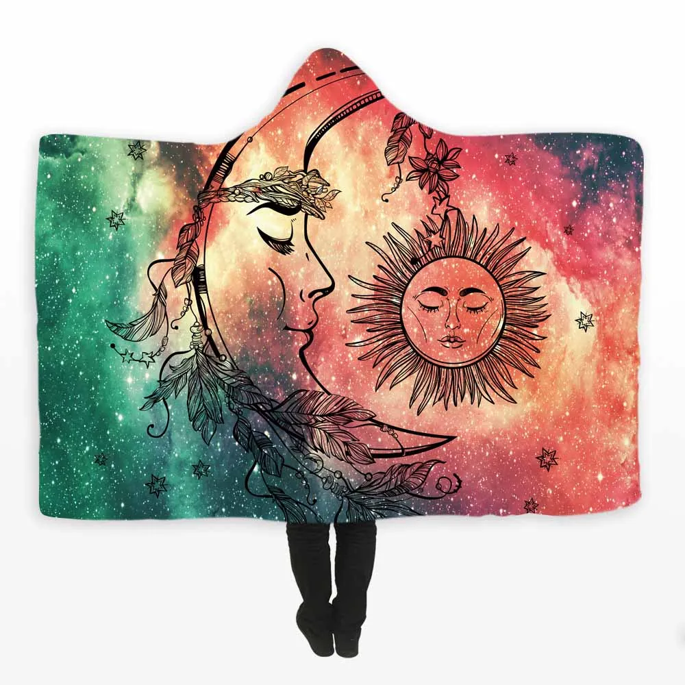 Psychedelic красочные сверкающие солнце и луна печатных с капюшоном одеяло для взрослых детей супер мягкий коралловый флисовый плед на диване