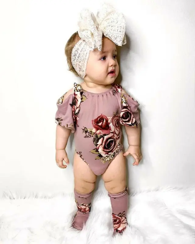 Милое боди для новорожденных и маленьких девочек от 0 до 24 месяцев; комбинезон с короткими рукавами и цветочным рисунком; чулок; одежда